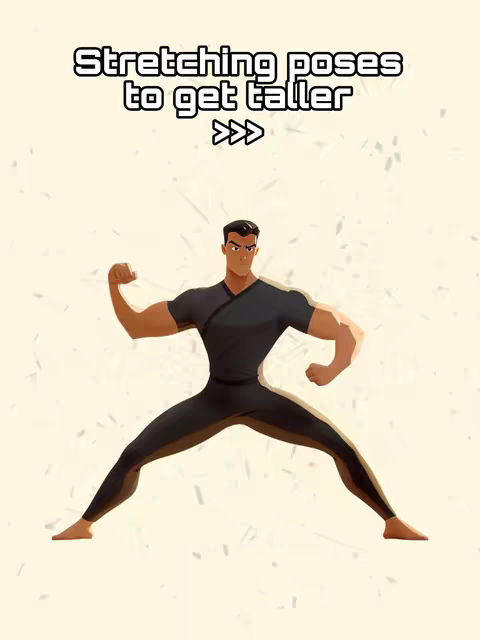 An illustrated image with a beige background features a stylized figure in a stretching pose, with text overlayed. The figure is a man wearing a black outfit, his arms raised, and legs wide apart as if doing a split, showing a dynamic pose. Above the figure, there is a text overlay that includes the words 'Stretching poses to get taller' and additional graphic elements composed of three right-pointing arrows.