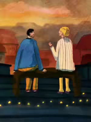 An illustrated image of two people on a rooftop, silhouetted. The sky above is gradient, fading from orange to dark blue. The two figures are sitting next to each other on a bench. Below them is a backdrop of buildings and lights.