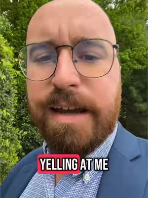 A close-up shot features a man with a bald head, glasses, and a beard, looking directly at the camera. A text overlay reads 'YELLING AT ME'.