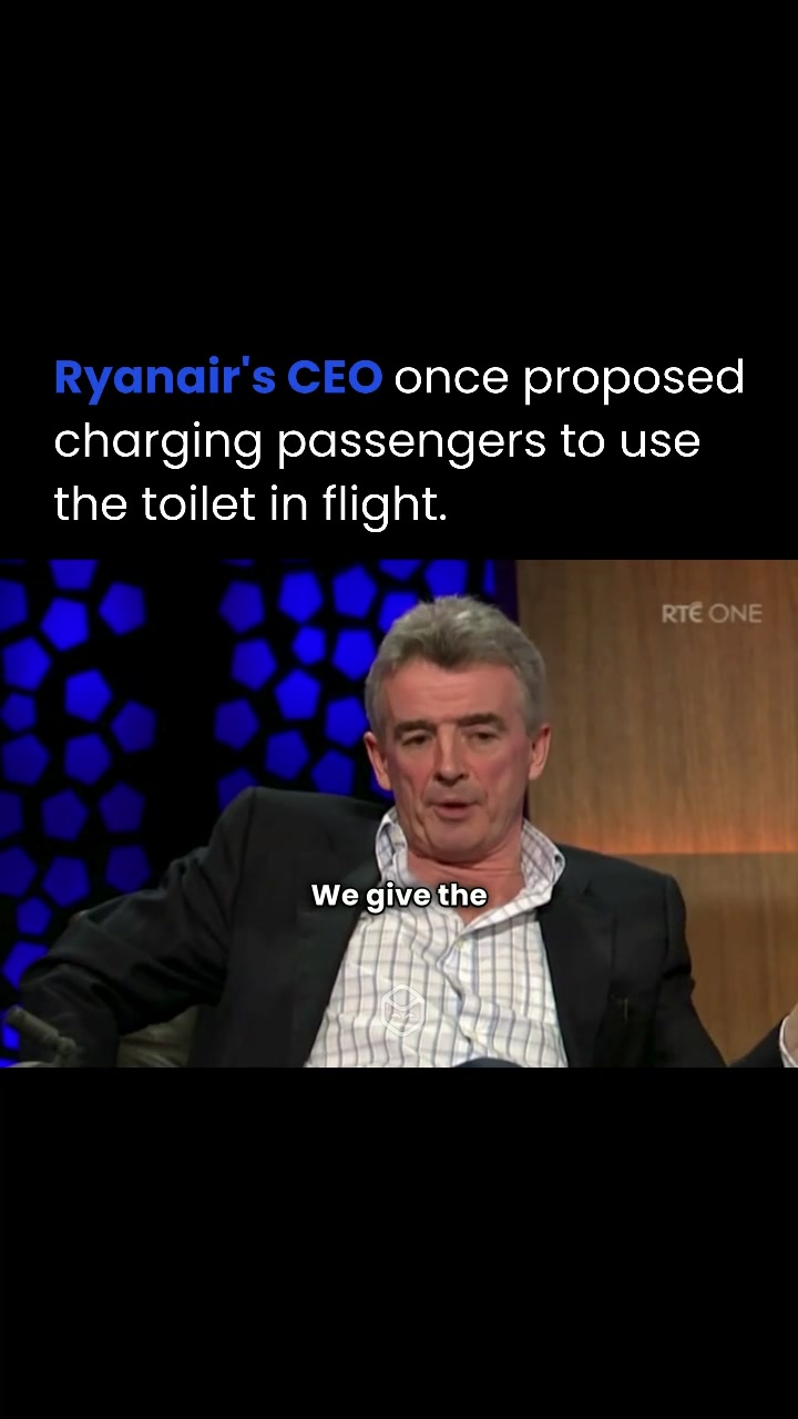 The cover image shows a man on a talk show set. Overlaid text announces that Ryanair's CEO once considered charging passengers to use the toilet in flight. The color scheme is dark, focusing attention on the man.