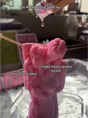 A close-up shot of pink candle art in a bowl, with text instructions added.