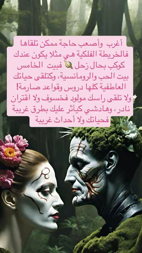 The cover image features two side profiles facing each other against a dark background. On the left is a woman with pale skin, dark eye markings, and red lips, adorned with a floral headpiece. On the right is a figure with a textured, moss-like appearance, suggesting a natural or fantastical element. The background is a blurred forest scene, giving a mysterious atmosphere. A pink rectangular text box, filled with Arabic text, overlays the image, which describes something about the astrological.