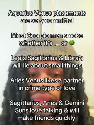 The image shows a dark-skinned person with long, dark, curly hair and a gray beanie. The person is looking at the camera, their eyes slightly unfocused. Overlayed on the image are several lines of white text in a sans-serif font, providing astrological facts about different zodiac signs and Venus placements.