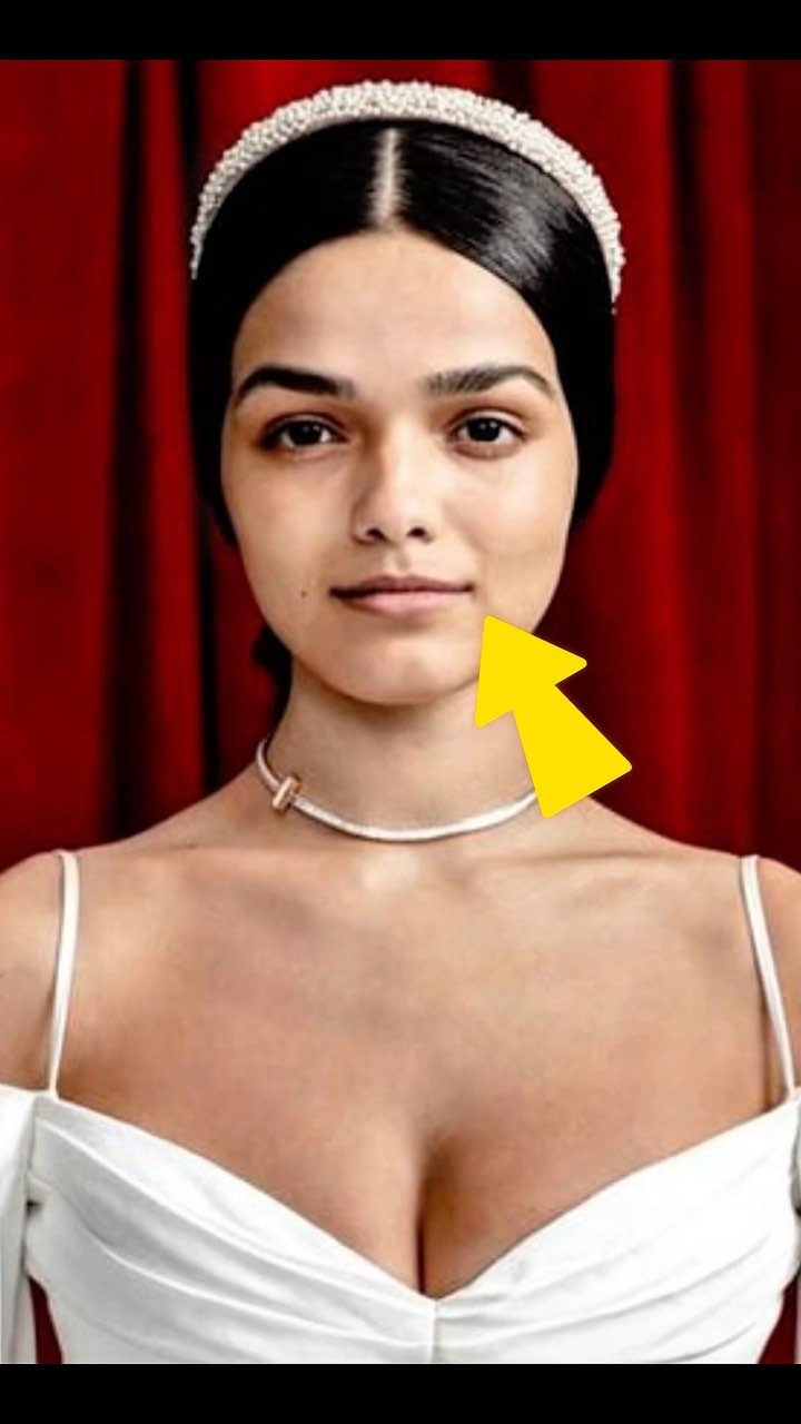 A head-and-shoulders shot featuring Rachel Zegler, centered in the frame. She wears a jeweled headband, and white dress with a sweetheart neckline. A gold arrow points to her jawline. The background is a solid, scarlet red.