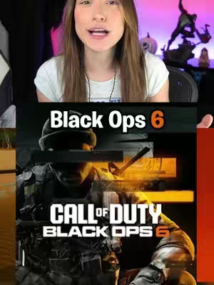 A woman in a white t-shirt is centered in the upper part of the cover image, and underneath her is a layered image promoting the game. The woman is slightly smiling with brown hair. The layered image reveals the game's title, "Black Ops 6" superimposed above the Call of Duty logo, with the game image in the background.