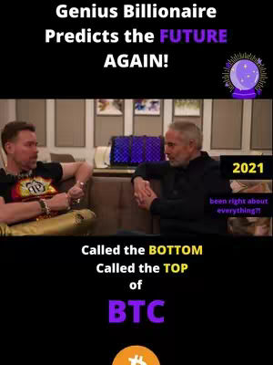The cover image features two men in a room. The top portion has text over a black background with the name of the video, in addition to a graphic. The middle portion has two men conversing while seated on a couch. The bottom portion has overlaid text in a colored font with a bitcoin logo.