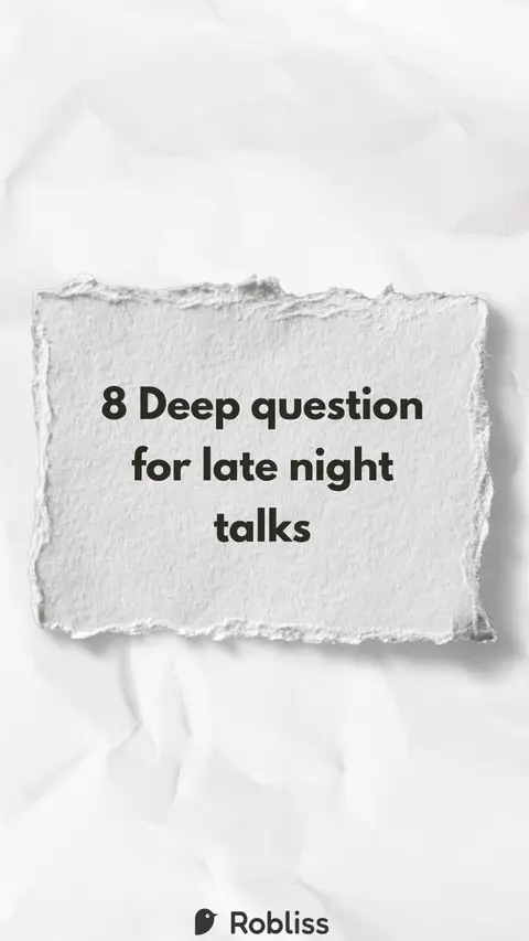 A vertical cover image features a white, textured paper background with subtle creases. A torn, rectangular piece of paper is centered, also white and textured, with rough, uneven edges. Bold, black text is centered on the paper, listing a number of deep questions for late-night talks.