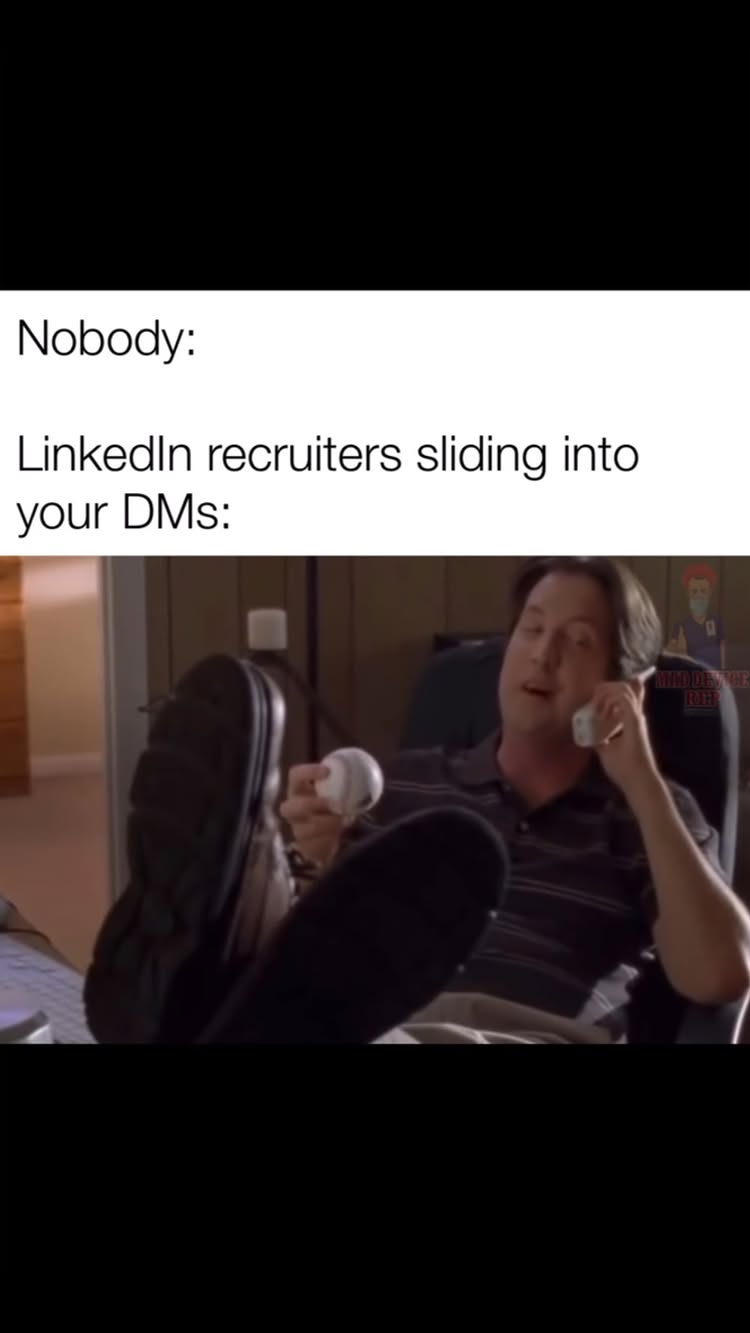 The image is a meme featuring a man in a casual setting, seated in a chair with a phone to his ear and one foot resting on a desk. Text overlays appear above and below the man, framed against a simple background.