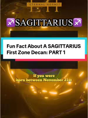 A vibrant vertical graphic with a celestial theme, featuring a golden, swirling background. Overlaid on this are text elements and a central rectangular bar in turquoise and red, stating "Fun Fact About A SAGITTARIUS" and "PART 1". At the very top sits the creator's branding and multiple Sagittarius symbols appear throughout.