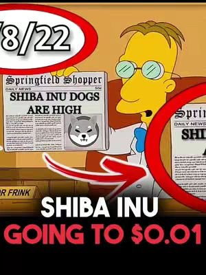 An illustrative image featuring a character from the animated TV show 'The Simpsons'. The character, a yellow-skinned man wearing glasses, is holding a newspaper with a Shiba Inu dog logo and the headline 'Shiba Inu Dogs Are High'. Below the newspaper is the text 'SHIBA INU GOING TO $0.01'. The background suggests an office-like setting.