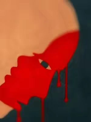 An artistic image featuring a side profile of a face in red, appearing like a silhouette against a tan background. Red color is also dripping downwards.