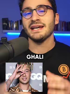 The cover image shows a man with glasses speaking into a microphone. Below his face is a photo of a person with dreadlocks making a hand gesture. Text that reads 'GHALI' is overlaid on top of this. There are also graphic elements such as financial charts.