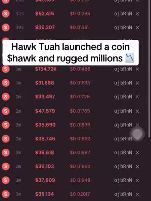 A screenshot displaying a financial data table with multiple rows and columns. At the top, a white textbox says, “Hawk Tuah launched a coin $hawk and rugged millions”. The background is a dark color.