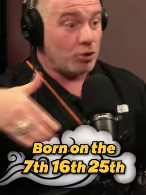 A man in a black shirt wearing headphones speaks into a microphone. Below him is a stylized cloud shape with the text "Born on the 7th 16th 25th". The background is a blurry mix of red and dark tones.