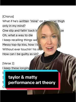 A woman with blonde hair and a brown velvet shirt is smiling at the camera. Text from a song lyric is present on the left side of the image. The cover image includes a colorful bar at the bottom with the text `taylor & matty performance art theory`.