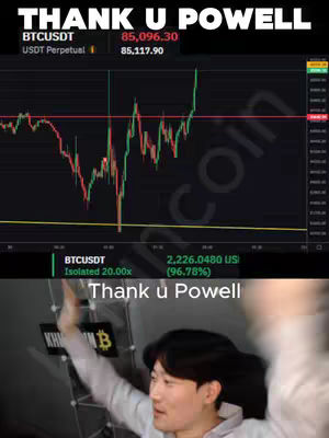 The image shows a financial trading interface at the top, with a chart displaying fluctuating price data. Below, a man is seen with his arm raised in response, likely to the financial data displayed above. Text overlays are present, including the phrase 'Thank U Powell'.