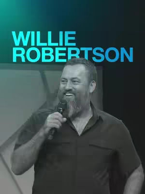 Cover image featuring Willie Robertson holding a microphone and smiling. The text "WILLIE ROBERTSON" is overlaid in a bold, teal font at the top against a teal and dark background.