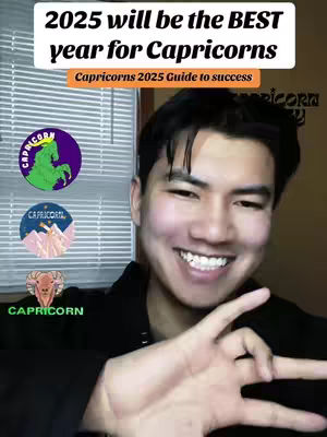 A smiling man with dark hair gestures with his hand in front of a window with blinds. Text overlays include a title about Capricorns in 2025 and various Capricorn-themed graphics.