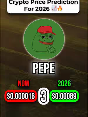 The cover image presents a stylized infographic. A gradient brown background fades into a lighter central area. A white banner at the top contains the text "Crypto Price Prediction For 2026," followed by a chart icon and a flame emoji. Centered on the image is a green circle with an illustration of Pepe the Frog wearing a red cap, with "PEPE" written in bold white letters beneath him. Below, in two rectangular colored boxes (red and green), are price predictions for Pepe in 2026, separated by the number 3 in white.