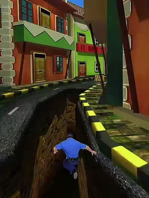 The image shows a continuous street scene presented in a cartoonish art style. A man in a blue shirt and dark pants, runs into a dark chasm in the street. Buildings are in the background. Bright colors and a stylized view give off a fun theme.
