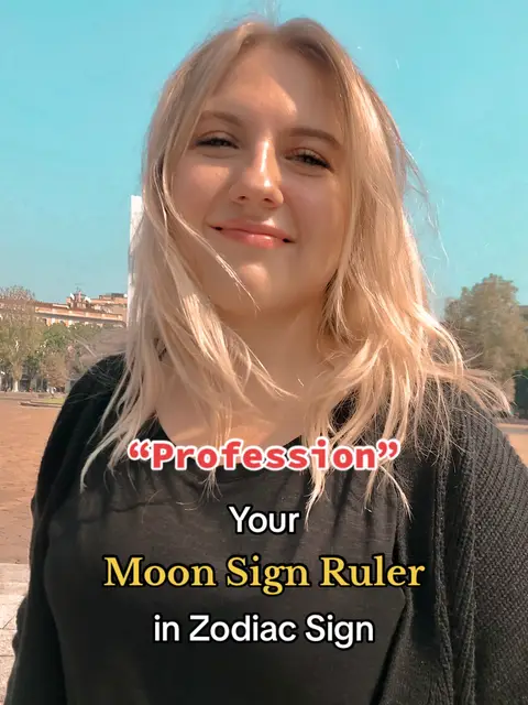 A woman with blonde hair smiles at the camera outdoors. Text overlays state "Professor" and "Your Moon Sign Ruler in Zodiac Sign."