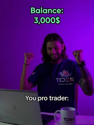 The cover image shows a man with long, wavy hair in a blue t-shirt with a logo, cheering with both arms up, as if celebrating. The background is a gradient of purple and pink. In the foreground, we see a white mug with a logo and a laptop. Text overlays indicate the balance is 3,000$ and 'You pro trader:'.