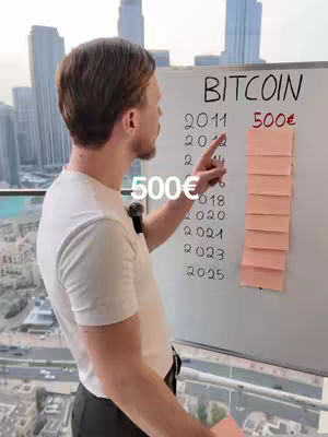 A man stands in front of a whiteboard with a city skyline visible through a window behind him. The whiteboard has the word 'BITCOIN' at the top, and lists of years going down the left side. The man is pointing to the years, and text reading '500€' is overlaid on the image.