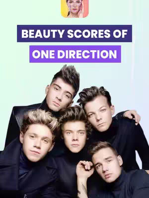 The cover image features a promotional graphic with the text 'BEAUTY SCORES OF ONE DIRECTION' in a purple banner. Below this, a photo of the five members of the band One Direction is displayed. The background is a light teal, giving the image a modern aesthetic. At the top left corner, an app icon is seen, featuring a face with beauty score-based overlay graphics.