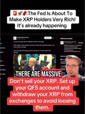 The cover image is a vertical video still with multiple textual elements. At the top, white text against a black background states, "The Fed Is About To Make XRP Holders Very Rich! It's already happening." Below it is a screen capture of a Twitter post with the handle "The Kabalist Letter" and a picture of Donald Trump. The bottom of the image has a red banner with white text urging viewers to not sell their XRP and to set up their QFS account. On the right side, a man with glasses and a headset looks at the camera. The layout is direct, with clear calls to action and information concerning cryptocurrency.