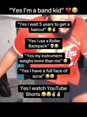 A person wearing a red shirt has text boxes with captions about band kids overlaid on the image. The person is smiling and looking at the camera within a simple, lightly blurred background.