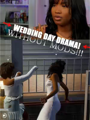 The cover image is split into two sections. The top half features a medium shot of a Black woman gazing at the camera with a slightly concerned expression, framed against a blurred background. The bottom half shows a scene from a video game featuring two figures, one in a white dress, the other in a top that's white with blue skirt, standing on a street, with a sign that reads "WEDDING DAY DRAMA! WITHOUT MODS!!!". There are red directional arrows pointing to the text overlay.