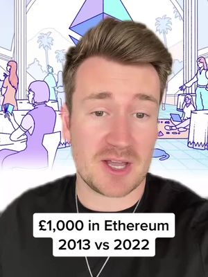 A man with light brown hair and a black t-shirt is speaking to the camera. Overlayed on the bottom of the image is a white rectangle with text. The background is an illustrated scene composed of line art with colors like lavender, cyan, and white. There are cartoon people on a table and in the back. The background contains a large geometrical shape in the back.