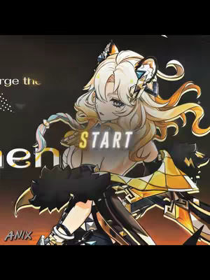An anime-style character with blonde hair and a stylized outfit is the focal point, with the word 'START' overlaid. The background transitions from a dark tone to a gradient of yellow and black, with the character's face and hair centrally positioned.