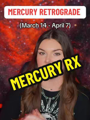 A woman with long brown hair is centered in front of a blended red and purple nebula background. Overlaid on the woman is a yellow and black text box stating "MERCURY RX," and in a white box at the top of the picture, the text "MERCURY RETROGRADE (March 14 - April 7)" is displayed. The woman is wearing a black shirt with designs and several necklaces. Her expression is neutral.