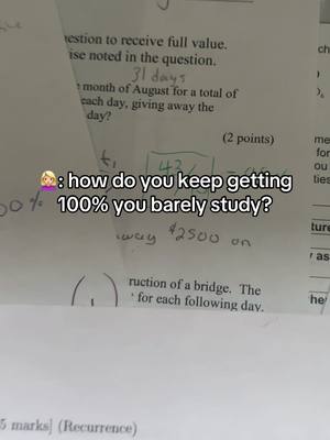 The cover image is a close-up shot of a test paper, with a question and calculations visible. In the image, a text overlay is superimposed on the upper-left corner with the question: How do you keep getting 100% you barely study?. The background is a plain, off-white paper, providing a simple backdrop that makes the overlaid text and any annotations clear. The color scheme is neutral, with various pen colors highlighting different aspects of the work.