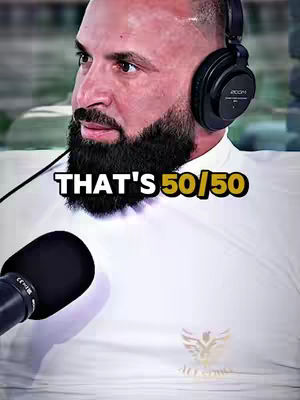 A close-up shot features a man with a beard and headphones, a microphone pointing towards him. text overlaid at the bottom of the image that says 'THAT'S 50/50'. 