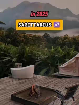A scenic outdoor setting with a wooden deck in the foreground featuring a fire pit and a modern white bathtub. In the background, lush green foliage and a mountain range under a cloudy sky are present.