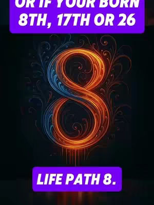 The cover image features a stylized number eight at the center, with a gradient effect of orange and blue colors. The number is surrounded by ornamental, swirling designs, set against a dark, blurred background. Text overlays are present in the top and bottom sections.