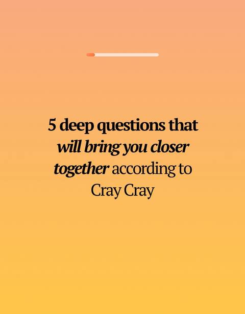 The cover image has a gradient background, transitioning from orange to yellow. The text "5 deep questions that will bring you closer together according to Cray Cray" is centered and uses a simple, bold black font. Above the text, there's a horizontal line with a loading bar, and at the top, it fades to a lighter shade of orange.