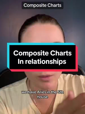 A selfie-style video cover with a woman in front of a blurred background. She has her hair pulled back and is wearing a light-colored shirt. A black bar with the text "Composite Charts In relationships" overlaid across her face. Below that, a smaller text overlay reads, "we have Aries in the 5th house."