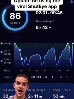 The cover image features a screenshot of the ShutEye app displaying sleep data, with the creator's face overlaid. The app screen shows a sleep score of 86, sleep duration of 6 hours and 42 minutes, and a visual representation of sleep stages. The creator, a young man, is positioned at the bottom, looking up and speaking towards the viewer.