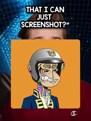A man's head is partially visible behind a digitally rendered illustration of a Bored Ape Yacht Club NFT on an orange background. The ape is wearing a silver motorcycle helmet and a military-style uniform. White text in a black box reads 'THAT I CAN JUST SCREENSHOT?'