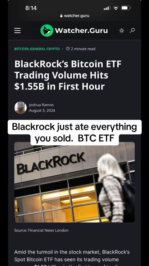 The cover image is a screenshot of a news article from Watcher.Guru reporting on BlackRock's Bitcoin ETF. The article title is prominently displayed, with the BlackRock logo visible in the background. The image's layout is a vertical orientation, showcasing a webpage within a mobile phone display. Text overlayed at the bottom reads: Blackrock just ate everything you sold. BTC ETF