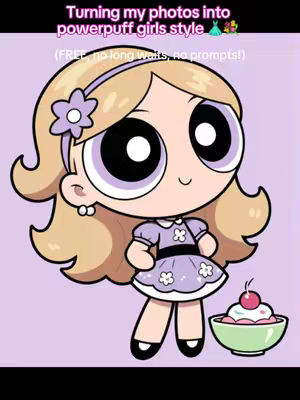 An illustration in the style of the Powerpuff Girls. The foreground features a large image of a blonde-haired girl in a lavender dress and a purple flower in her hair with the cartoon style. To the right is a pink dish with a cherry on top. The background is a solid light purple color. At the top is a Text Overlay with the text: 'Turning my photos into powerpuff girls style' and 'FREE, no long waits, no prompts!' 