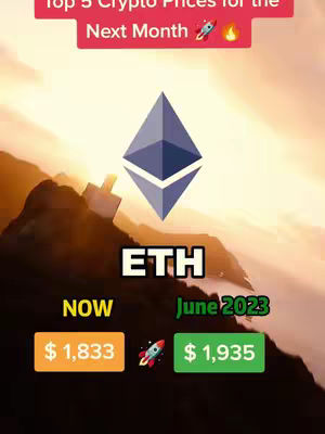 The cover image shows a landscape-style visual with the Ethereum logo in the center. Above the logo, text reads 'Top 5 Crypto Prices for the Next Month'. Below the logo is the abbreviation 'ETH'. Data points with dollar amounts and the dates are displayed below this, with price predictions for the current month and June 2023. The background features a gradient of orange and yellow colors, suggesting a sunrise or sunset, with silhouette of mountains.
