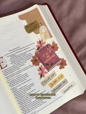 An open Bible with colorful stickers and annotations. A book titled 'O Fur da Sabedoria' is prominent in the center. Floral stickers and handwritten notes add visual interest. The background is a textured surface.