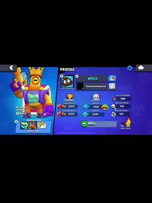 The cover image displays a screenshot from the mobile game Brawl Stars, showing a character profile screen. The game's interface is on a dark blue background. An orange and yellow character with a crown is on the left side and on the right displays the profile with the player's information including their name and achievements. The overall composition has a vibrant color scheme, attracting viewers into the game's interface.