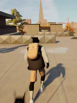 A third-person view from behind a cartoon-styled character with a cat-like head and a backpack walking towards a stylized cityscape and a stylized building. The character is wearing a varsity jacket and shorts. The scene is brightly lit.