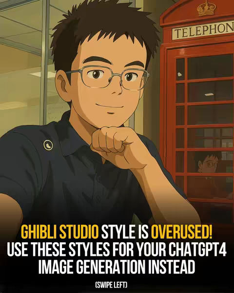 An anime-style illustration depicts a young man with short, spiky brown hair and glasses, smiling and resting his chin on his hand. He is set against a background that includes a British red telephone booth and a brightly lit interior, with overlaid text highlighting a warning about overuse of the Ghibli art style and a call to use alternative styles for ChatGPT image generation. The image is formatted to suggest a swipe-left action.