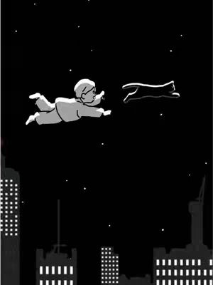 An animated image depicting a baby reaching for a cat that is flying in the sky. The background is a black night sky with small white stars and the silhouettes of city buildings at the bottom